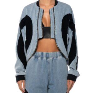 CURVE EFFECT RIBBED TRIM DENIM BOMBER - XL